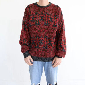 Vintage Men's Store 35% Wool Red Gray Eclectic Grandpa Knit Crewneck Sweater XLT